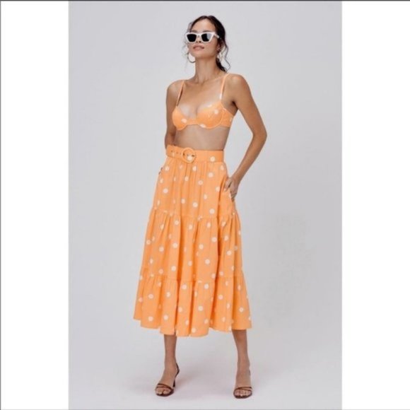 For Love And Lemons Dresses & Skirts - For Love & Lemons Orange Auburn Polka Dot High‎ Waist Tiered Midi Skirt S